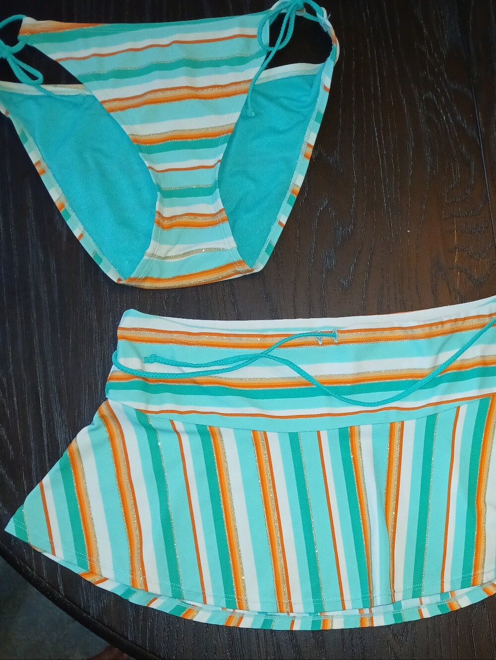 Split Teal, White & Orange Striped Women's 3-Piece Swim Set - Picture 5 of 11